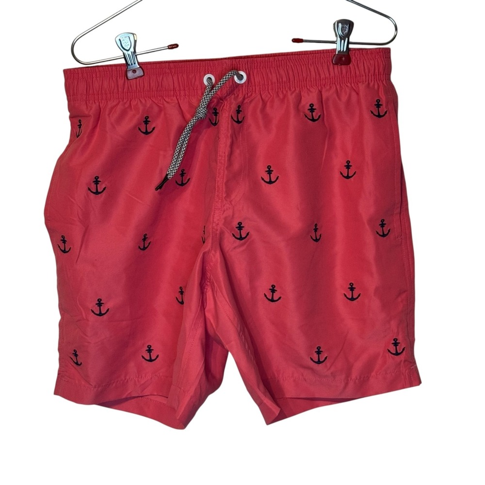 Maamgic Mens Shorts Swim Trunks Navy Coral Anchors Quick Dry Nautical Small NWT